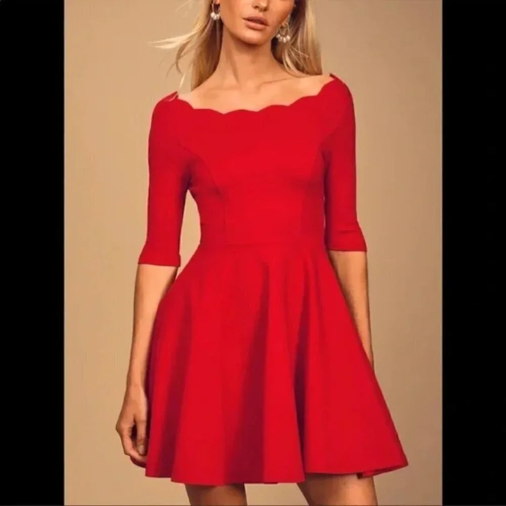 Lulu’s Fit and Flare Red Scalloped Neck 3/4 Sleeve Skater Mini Dress Size XSmall
